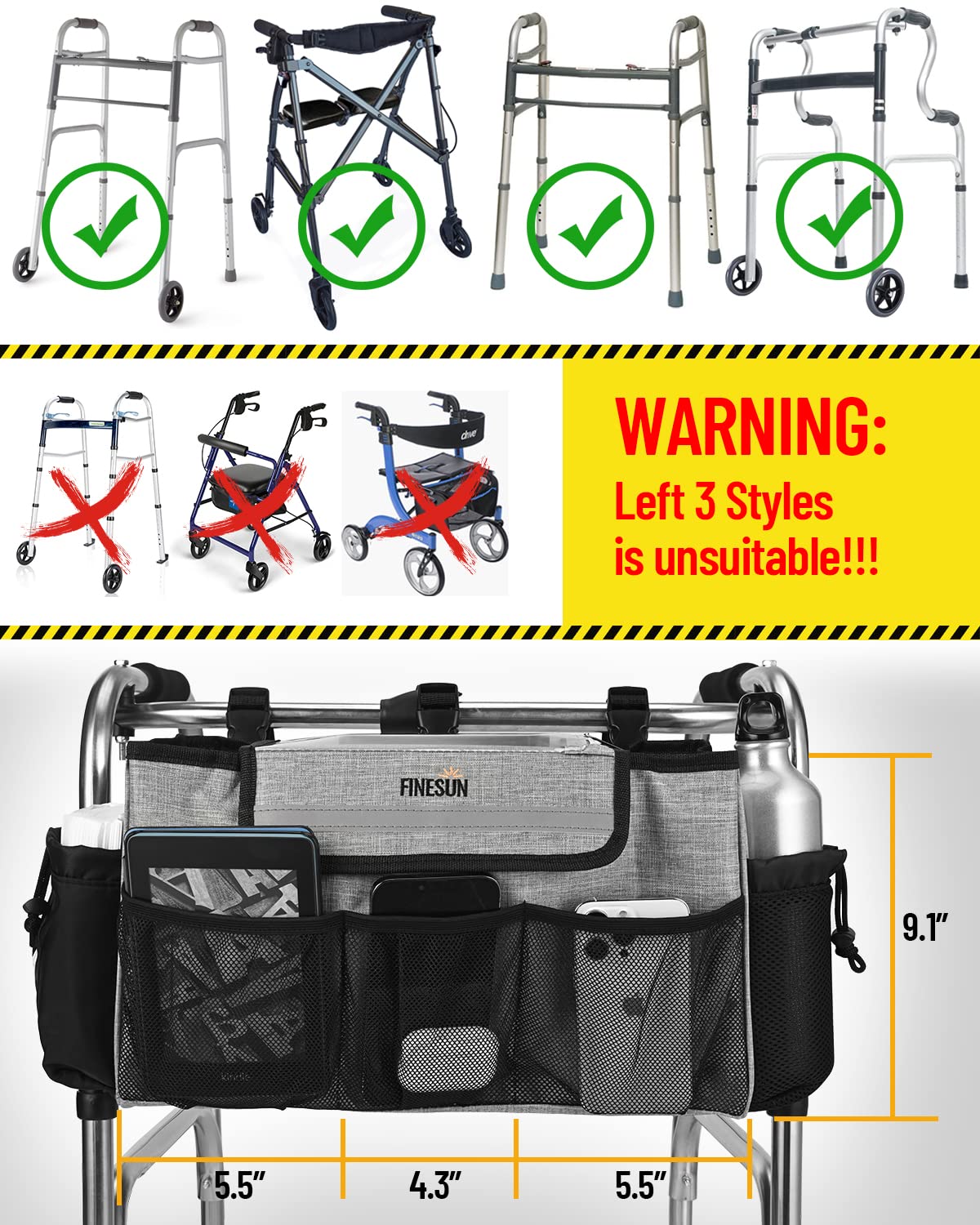FINESUN Walker Bag with Visual Phone Pocket, Walker Storage with Cup Holder, Best Gift for Grandmas, Walker Accessories for Seniors, Grandparents, Mobility Aid Accessory Pouch for Elderly, Grey