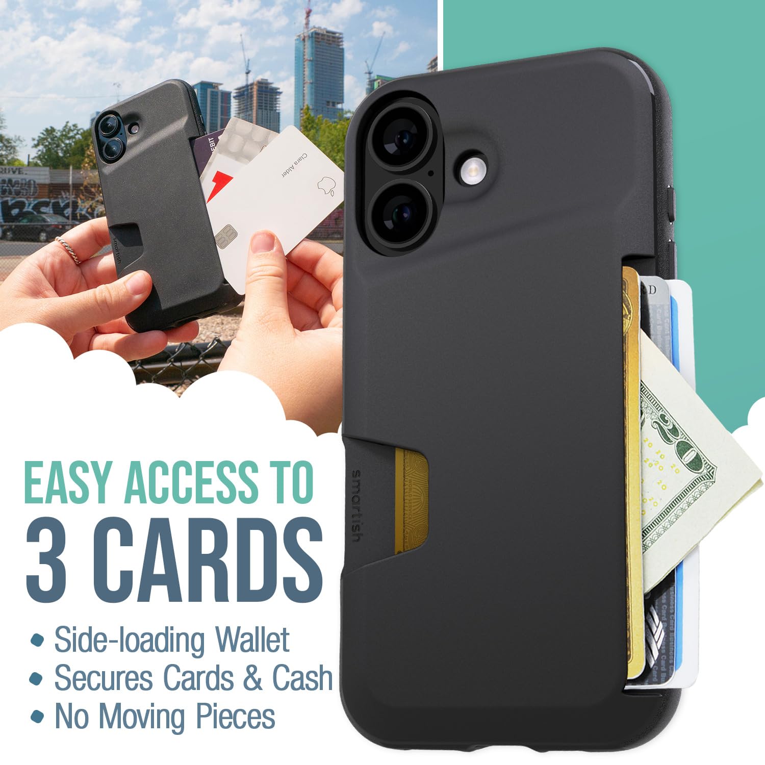 Smartish® iPhone 16 Wallet Case - Wallet Slayer Vol. 1 [Slim + Protective] Credit Card Holder - Drop Tested Holds 4 Cards Hidden Flip Card Slot Cover Compatible with Apple iPhone 16 - Black Tie Affair