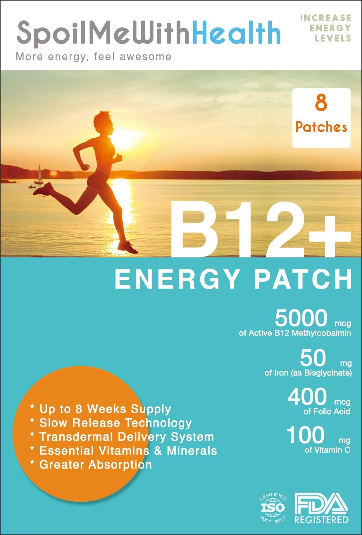 SpoilMeWith Health: B12 Patches. 8 Week Supply. (Methylcobalamin), plus Iron (as Bisglycinate), plus Vitamin C, plus Folic Acid