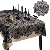 Korlon Halloween Tablecloth, 2 Pcs Spider Web Table Cloth 54"x 72" Rectangular &amp; 42" Round Black Tablecloths Lace Cover for Home Kitchen Mantel Party Table Decor, Vintage Halloween Decorations Indoor