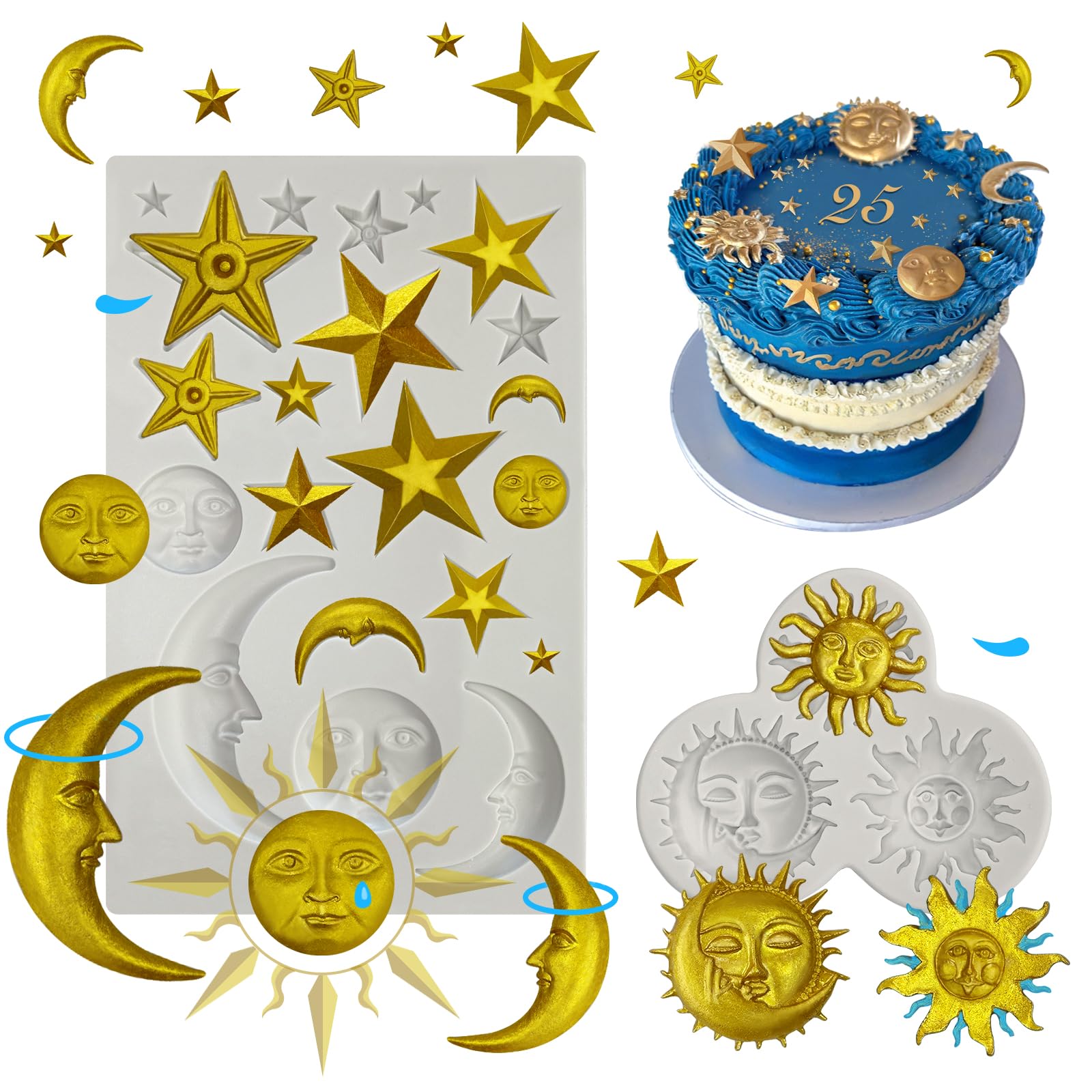 Photo 1 of 2 Pcs Sun Face Moon Star Silicone Molds Star Fondant Cake Molds Candy Polymer Clay Mold Silicone Moon Chocolate Mold for Cake Decorating, Cupcake, Clay, DIY Crafts, Fondant