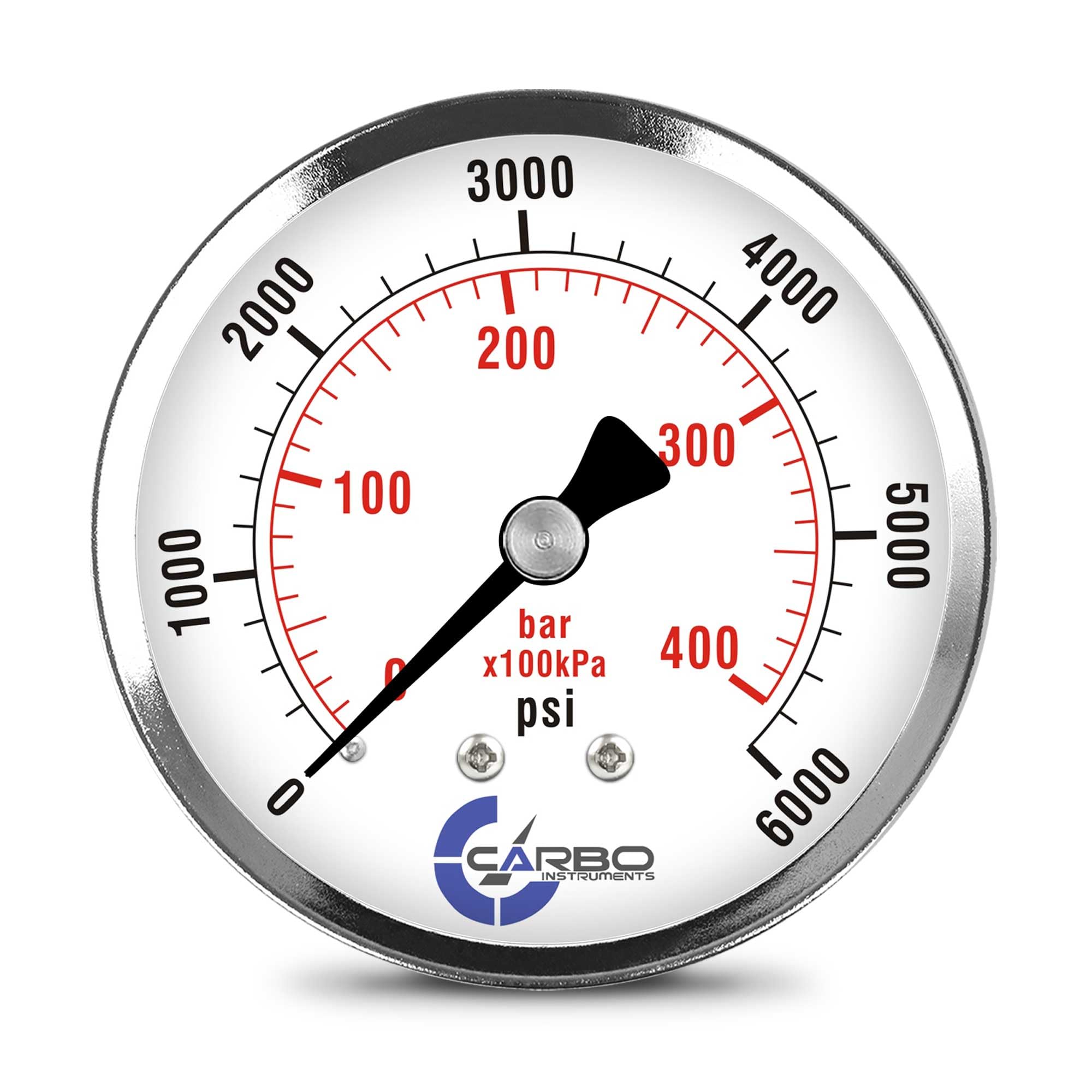 CARBO Instruments 2-1/2" Pressure Gauge, Chrome Plated Steel Case, Dry, 0-6000 psi/kPa, Back Mount 1/4" NPT