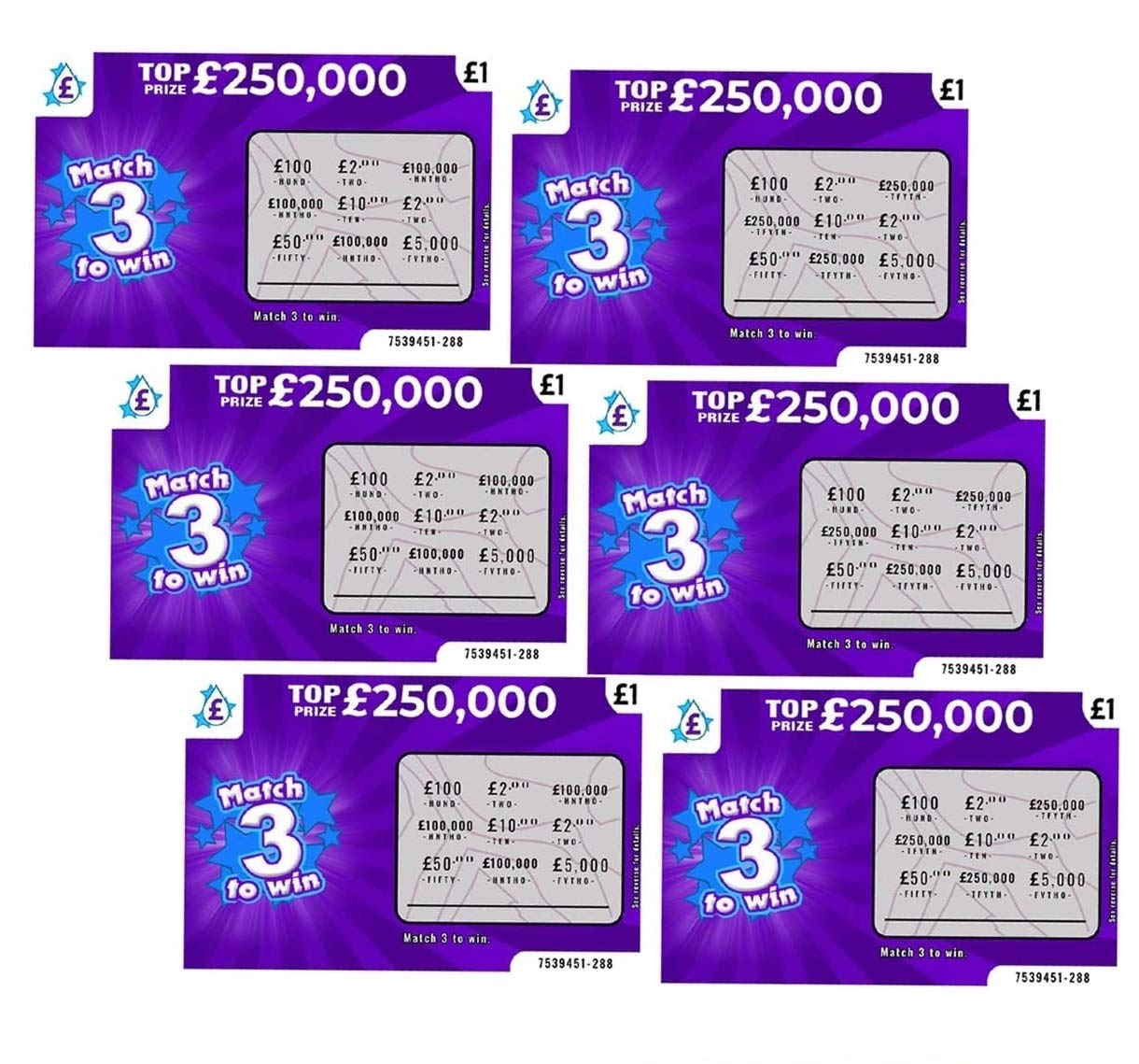 Playcrate 6 X Fake Joke Scratch Cards - Winning Lottery Ticket Practical Prank- Every card appears to win £100,000 or £250,000
