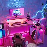 Bestier 106.5CM L shaped Desk with Power Outlets LED Lights Pink view 2