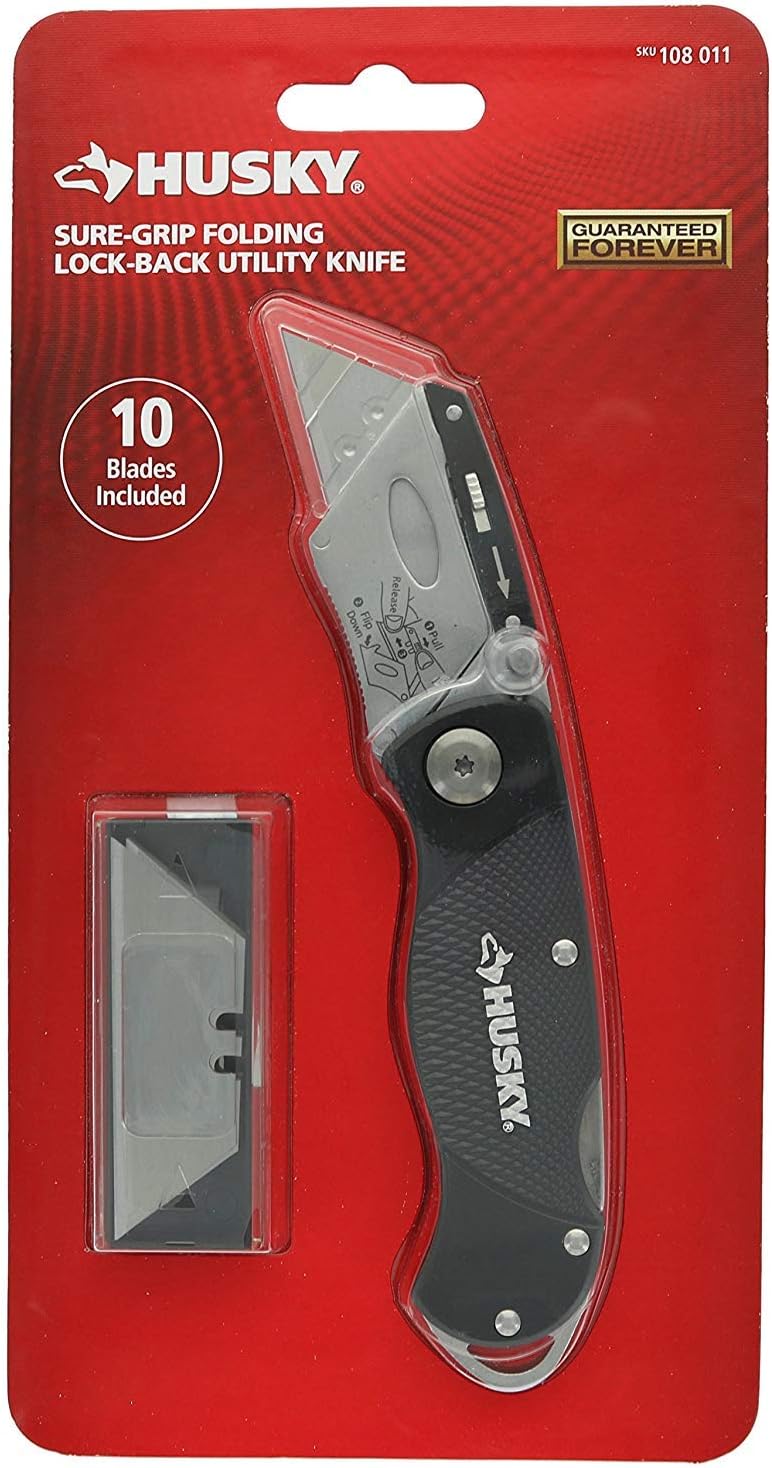 Husky 21113 Folding Sure-Grip Lock Back Utility Knife w/ 10 Disposable Blades Included (Colors Vary) - Utility Knives - 