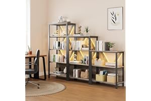 4 Tier Bookshelf with LED Lights, Tall Wood and Metal Bookcase with Open Display Shelves, Standing Storage Rack for Living Ro