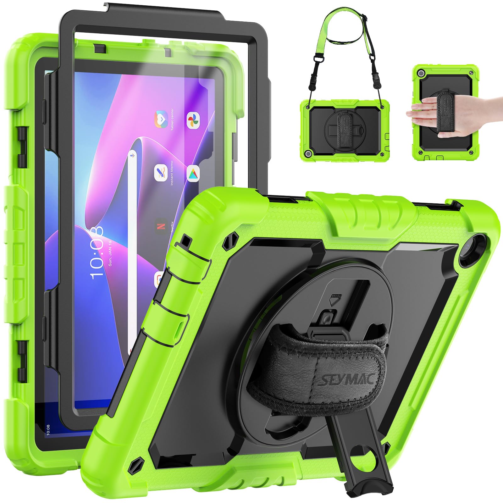 SEYMAC Case for Lenovo Tab M10 3rd Gen 10.1 inch 2022(TB-328), Lenovo Tab M10 Shockproof Case with Screen Protector, 360° Rotating Stand and Hand Strap, Shoulder Strap, Pen Holder, Green