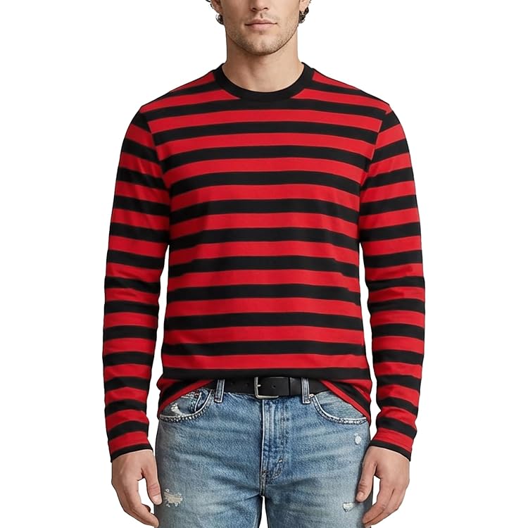 Oversized Striped Shirt Men Trendy Printed Round Neck Long Sleeve