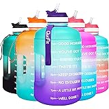 QuiFit Motivational Gallon Water Bottle - with Straw & Time Marker BPA Free Large Reusable Sport Water Jug with Handle for Fi