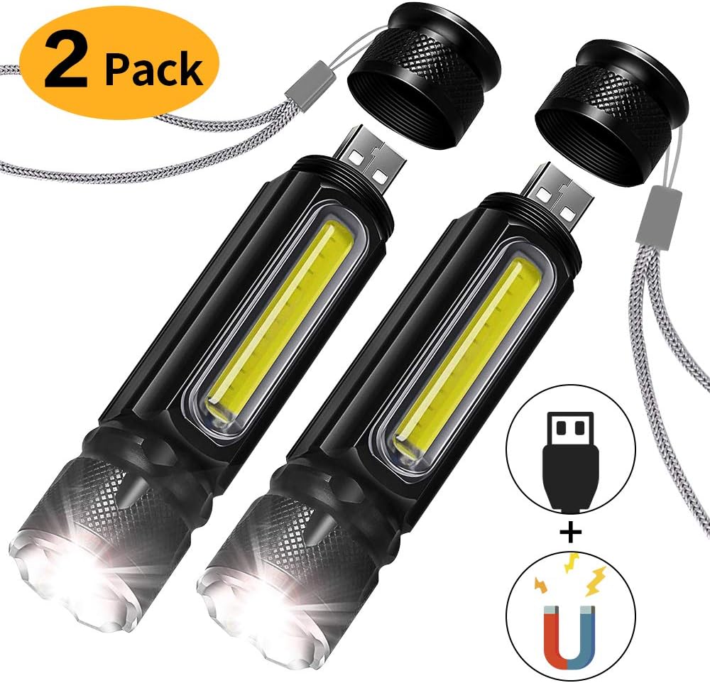 LED Tactical Flashlight, Handheld Flashlight High Lumens with COB Work Light, Strong Magnetic, 4 Modes, IP65 Water Resistant, Portable USB Rechargeable Flashlight for Camping and Hiking(Black, 2Packs)