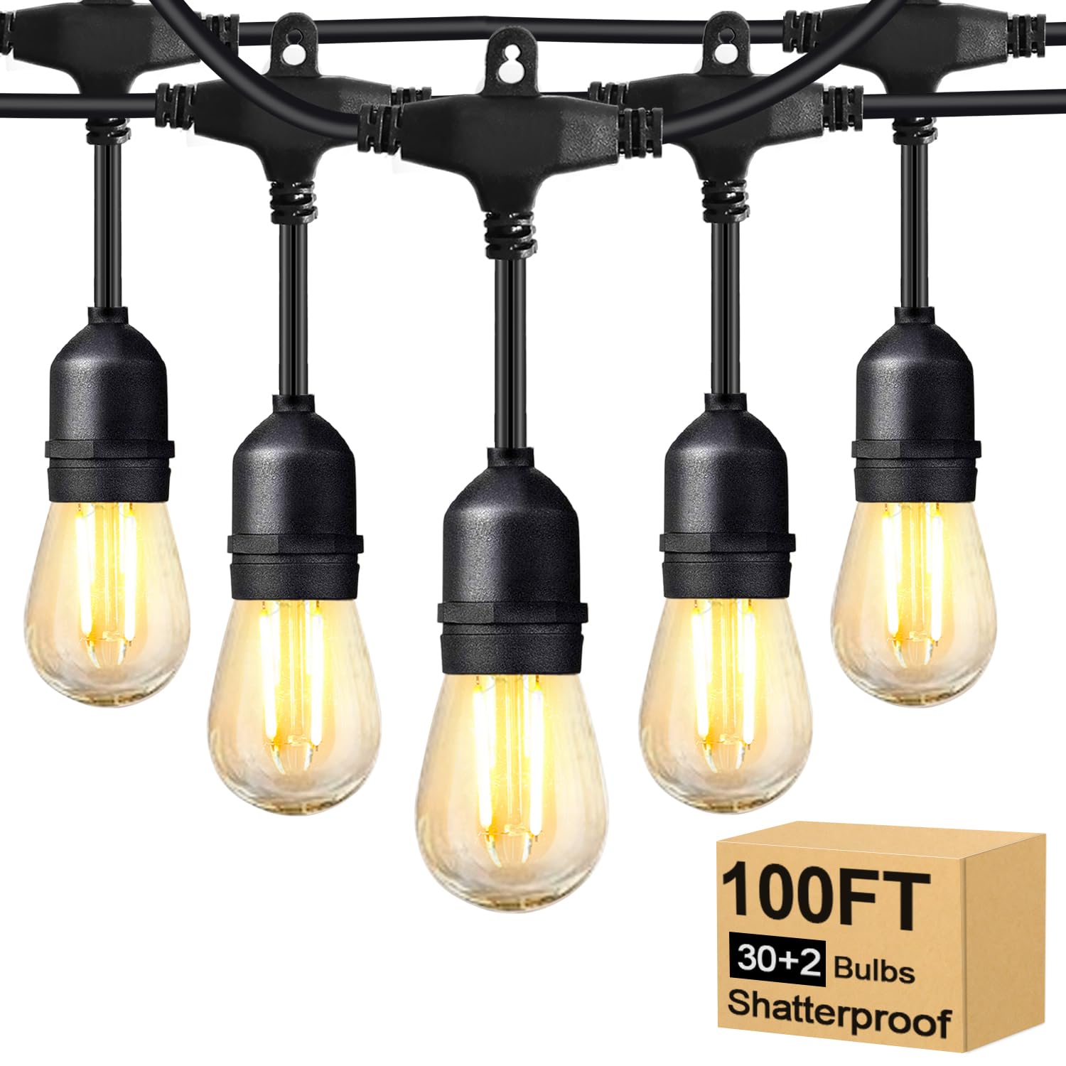 Photo 1 of BRIMAX 100FT Outdoor String Lights with 32 Shatterproof Bulbs 2W S14 LED Bulbs Patio String Lights Waterproof for Bistro Cafe Market 2700K Warm White