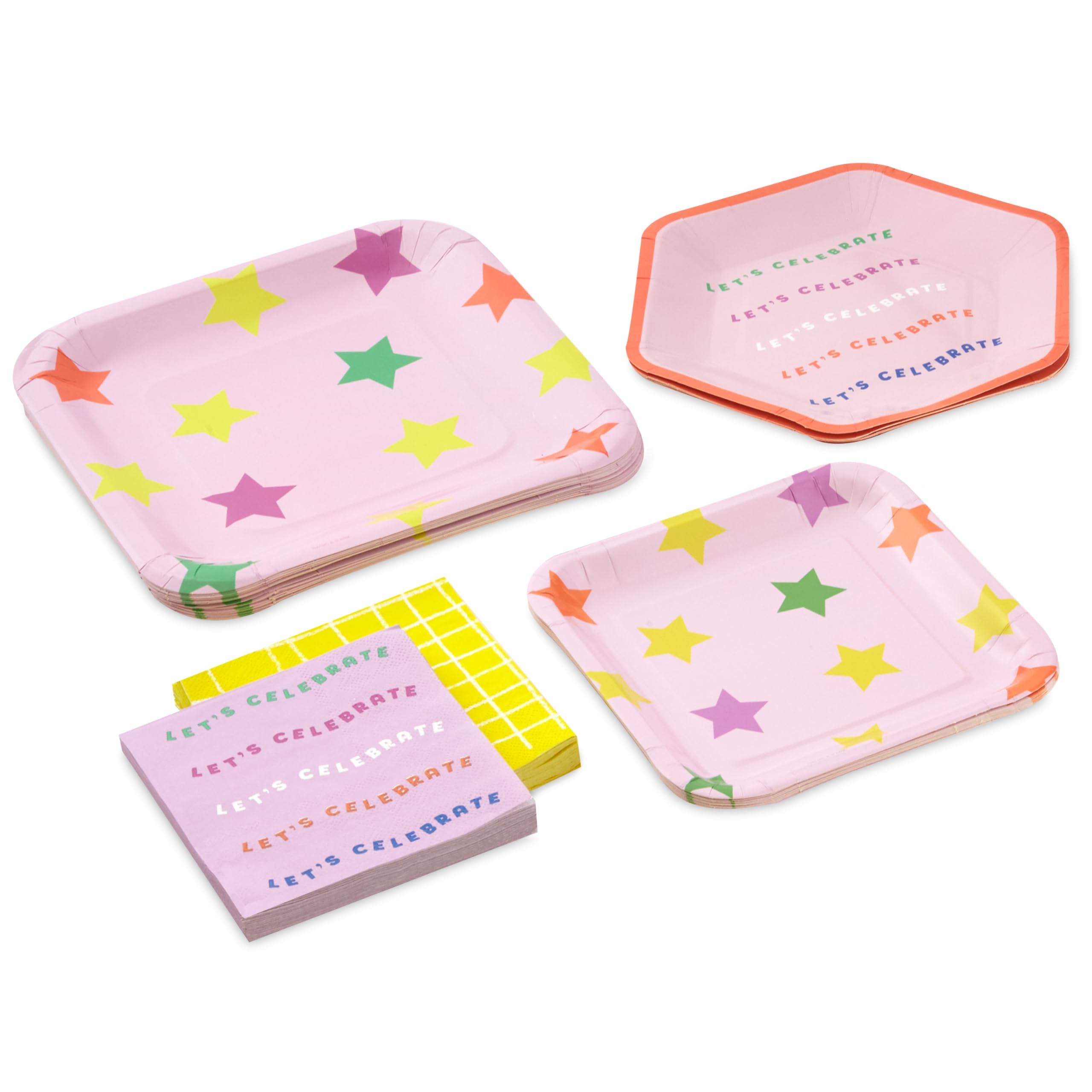 Hallmark Pink and Yellow Party Supplies (16 Square Dinner Plates, 8 Square Dessert Plates, 8 Hexagonal Dessert Plates, 32 Beverage Napkins) for Birthdays, Bridal Showers, Graduations
