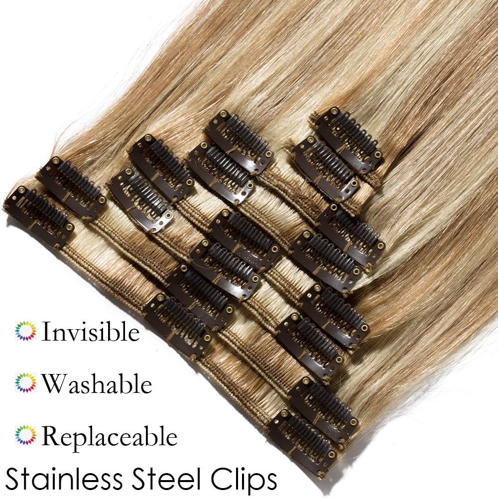8PCS Clip in Human Hair Extensions 14inch #12/613 Golden Brown&Bleach Blonde -Basic Thickness 60g- Straight Remy Hair Extensions - Image 4