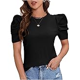 WDIRARA Women's Puff Short Sleeve T Shirts Crew Neck Tee Tops
