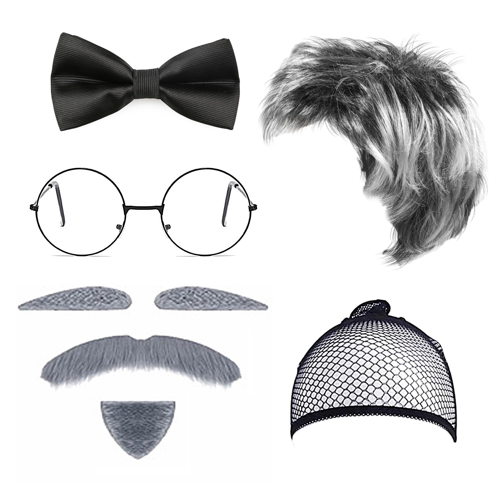 WanderGo Old Man Costume Accessories, 8 PCS Grandfather Fancy Dress Kit Grandpa Costume Set Including Old Man Wig Cap Tie Gray Beard Eyebrows Glasses for Halloween Festival Cosplay