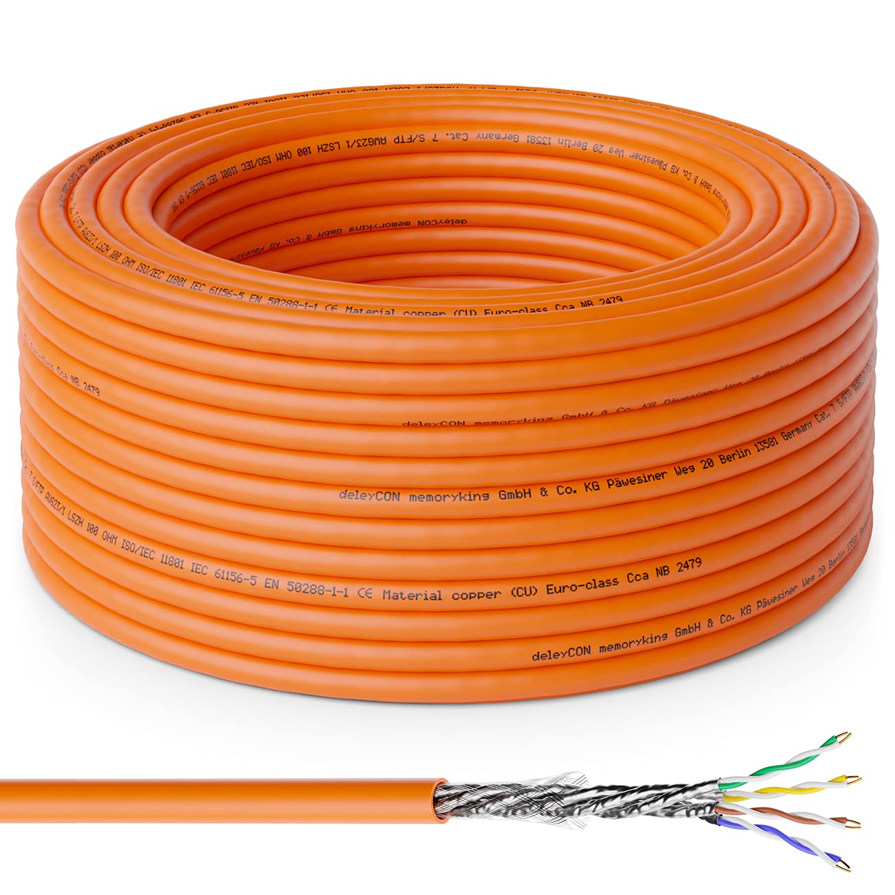 deleyCON 50m (164.04 ft.) CAT.7 Installation Cable Copper Rigid S/FTP PIMF Network Installation LAN Ethernet Data Cable Gigabit CAT7 10Gbit 1000MHz LSZH Halogen Free Declaration of Performance - GHMT Certified