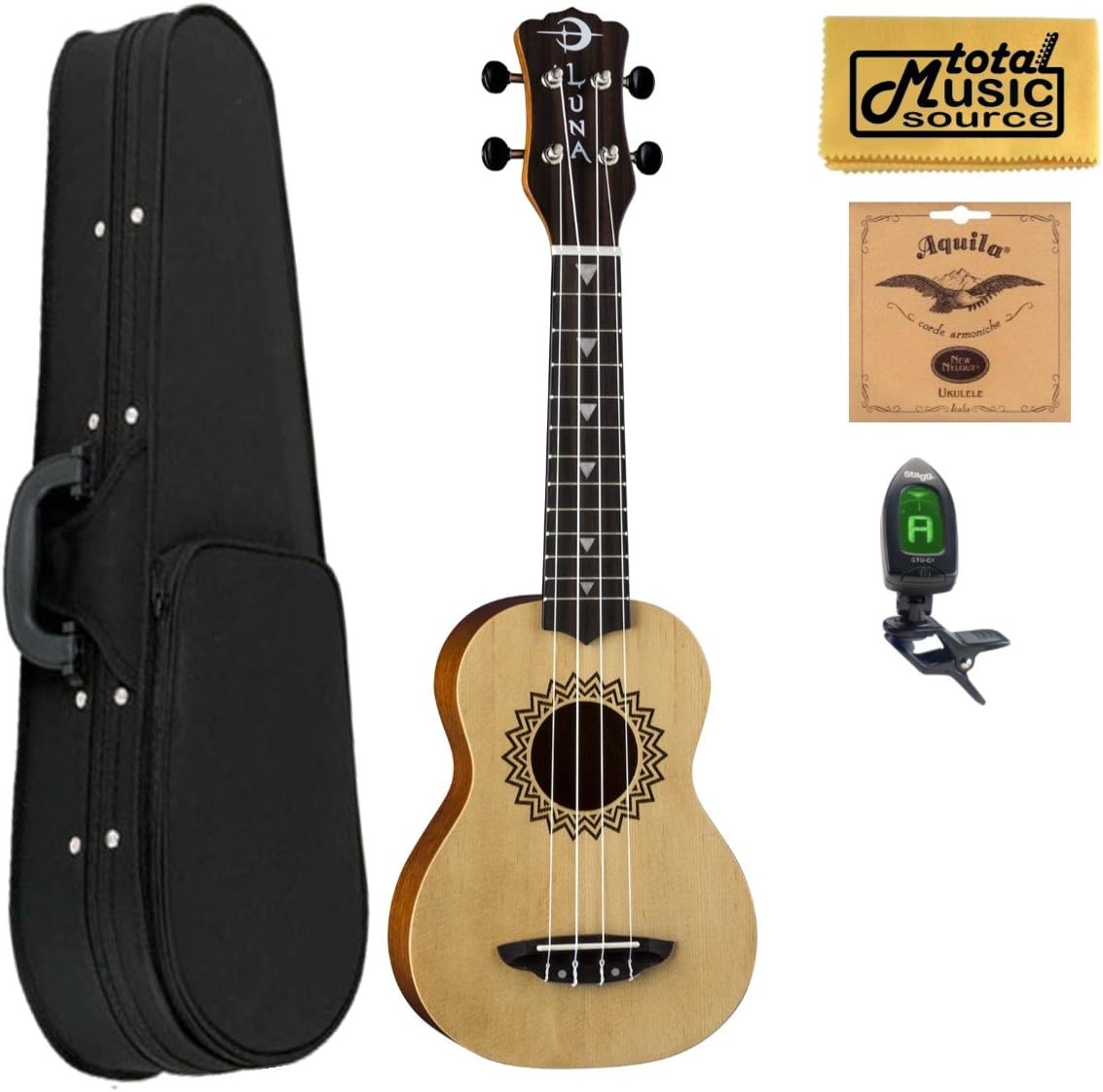 Luna UKE VSS Vintage Spruce Soprano Ukulele Case Bundle