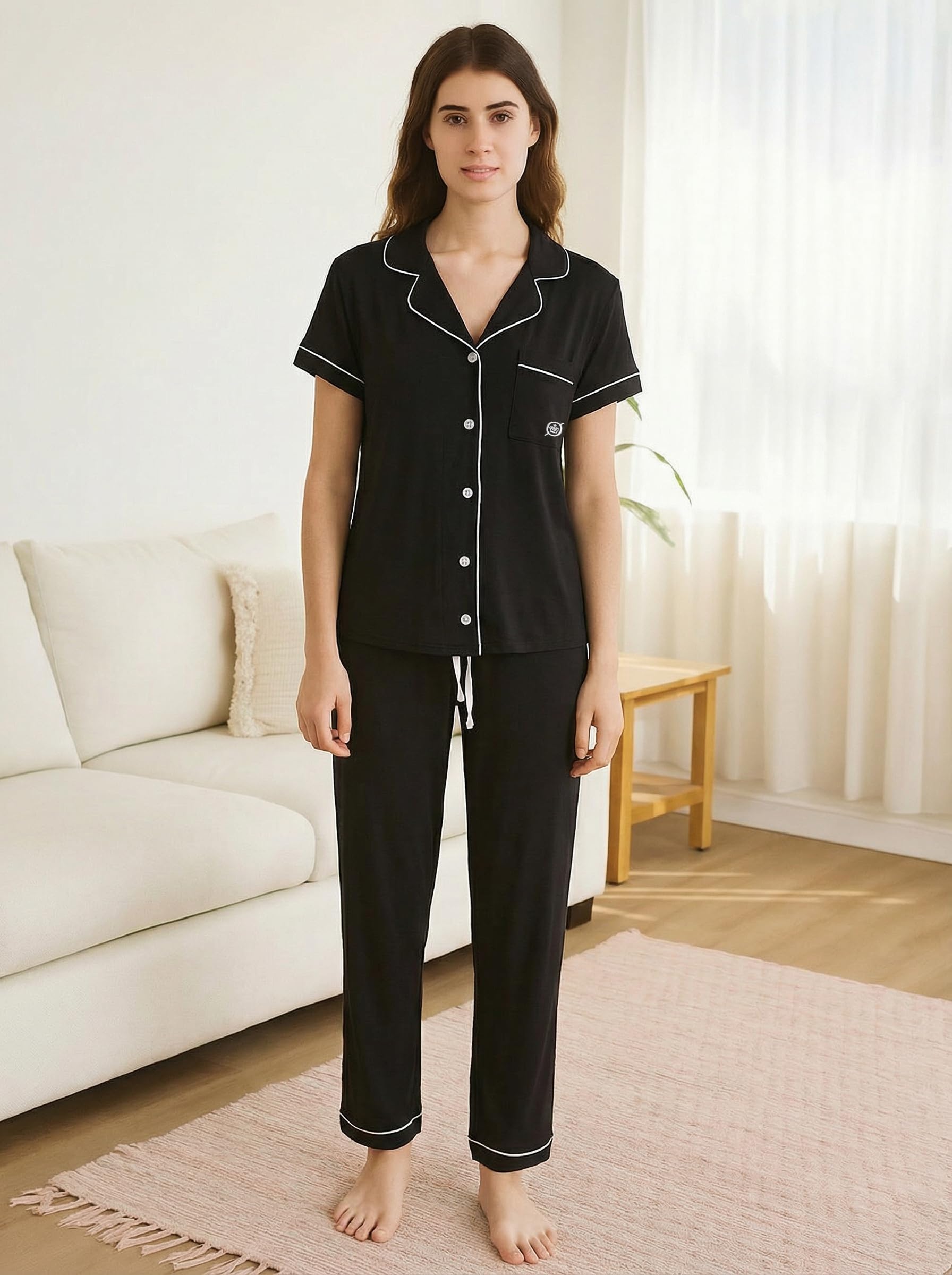 BORN Soft Button Up Pajamas for Women, Knit Button Down Pajama Set with Pants, PJ Sets (Black, Medium)