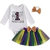 Bonangber Toddler Baby Girl Mardi Gras Outfit Long Sleeve Letter Print Romper Mesh Tutu Bloomer Skirts Spring Clothes