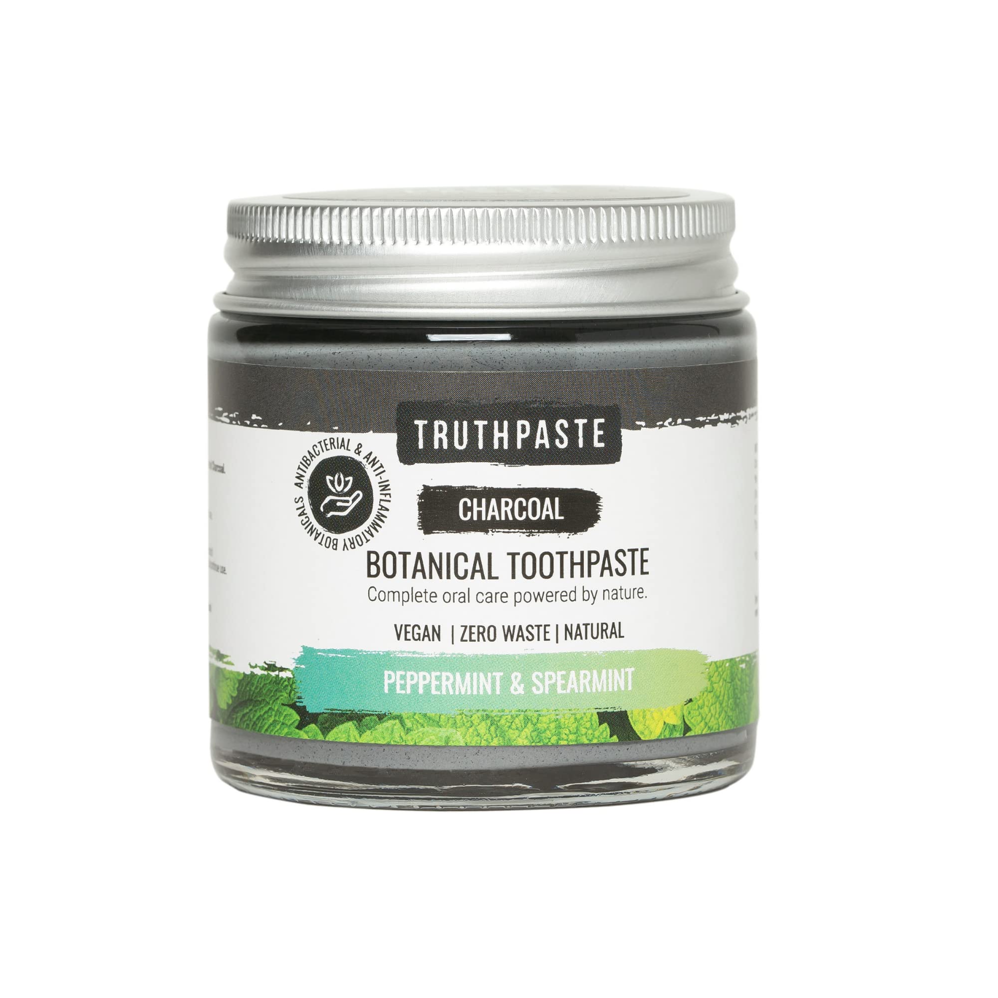 TRUTHPASTE Charcoal whitening natural zero waste toothpaste (Peppermint & Spearmint 100ml) Eco friendly & plastic free with Coconut & Aloe Vera. Fluoride Free, SLS free. Suitable for sensitive teeth