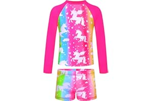 TENVDA Girls Rash Guard Swimsuit Long Sleeve Bathing Suits with Shorts for 3-12 Years Old Kids