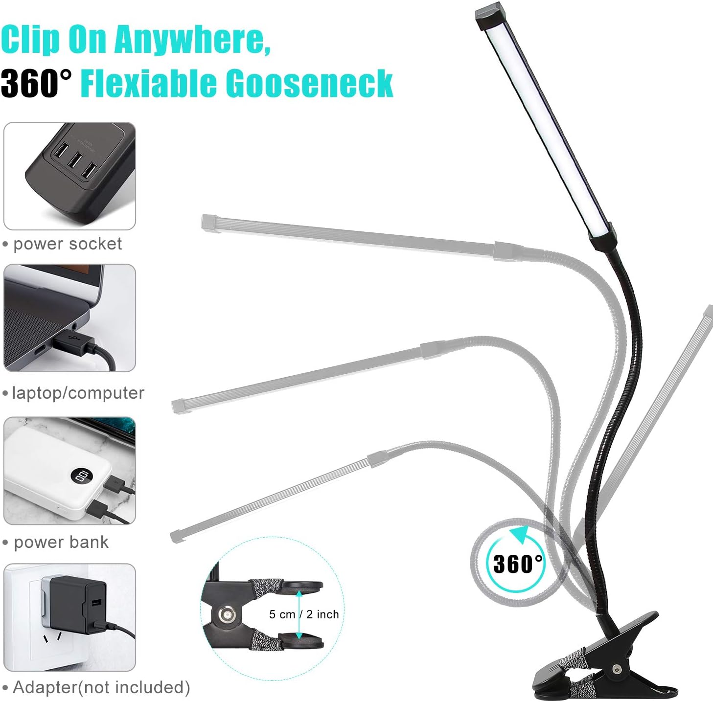 Upgrade Led Clip On Light, 33 Illuminations Kids Book Lights for Reading in Bed, Desk Lamps with USB Charging Port, Clamp Light Bedbesides Headborard, Stepless Dimmer/ Auto Memory/Off Delayer - - 
