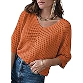 Dokotoo Womens Plus Size 3/4 Sleeve V Neck Loose Pullover Knit Sweaters for Women Fall Tunic Tops Jumper Knitted Casual Top Lightweight Summer Sweater 2026 Trendy Orange XX-Large