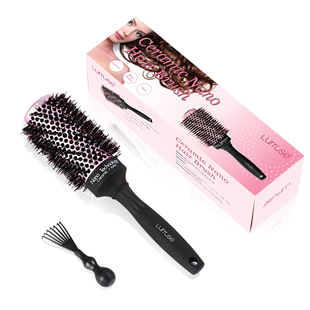 Round Hair Brush For Blow Drying Straightening Long Hair, Boar Bristle 43mm Hair Brush Ceramic Ionic Hairbrush for Hair Drying, Styling, Curling