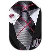 Hi-Tie Mens Plaid Ties Classic Paisley Necktie with Handkerchief Cufflinks Set Business Stripe Tie
