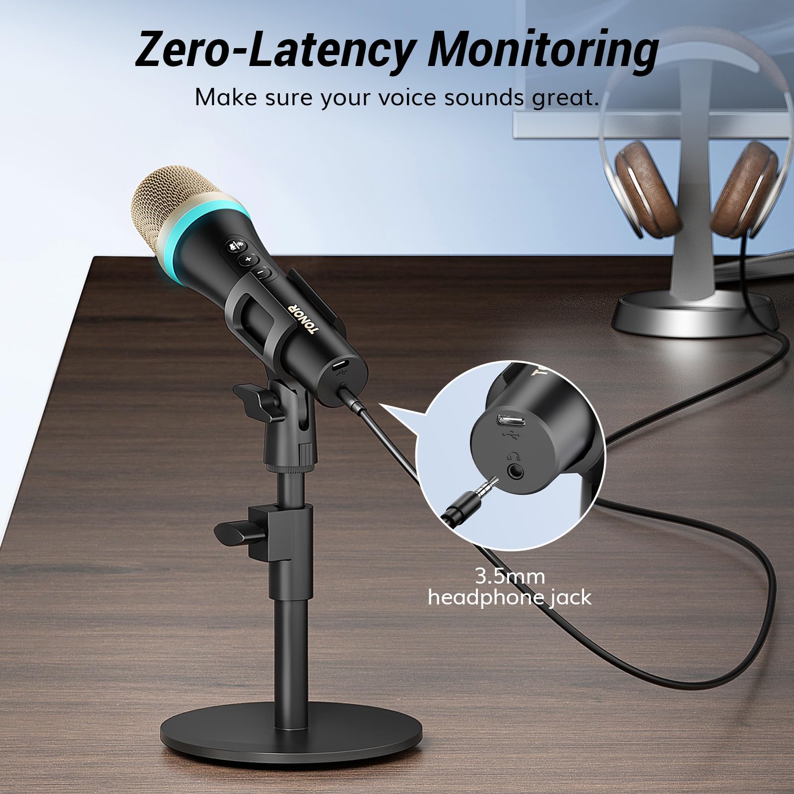 TONOR USB/TypeC Dynamic Microphone Vocal Mic, Single Directional Metal Handheld Wired RGB Condenser Microphone with Desktop Stand, One Click Mute for Live Streaming, Telework, Gamer, Content Creator,