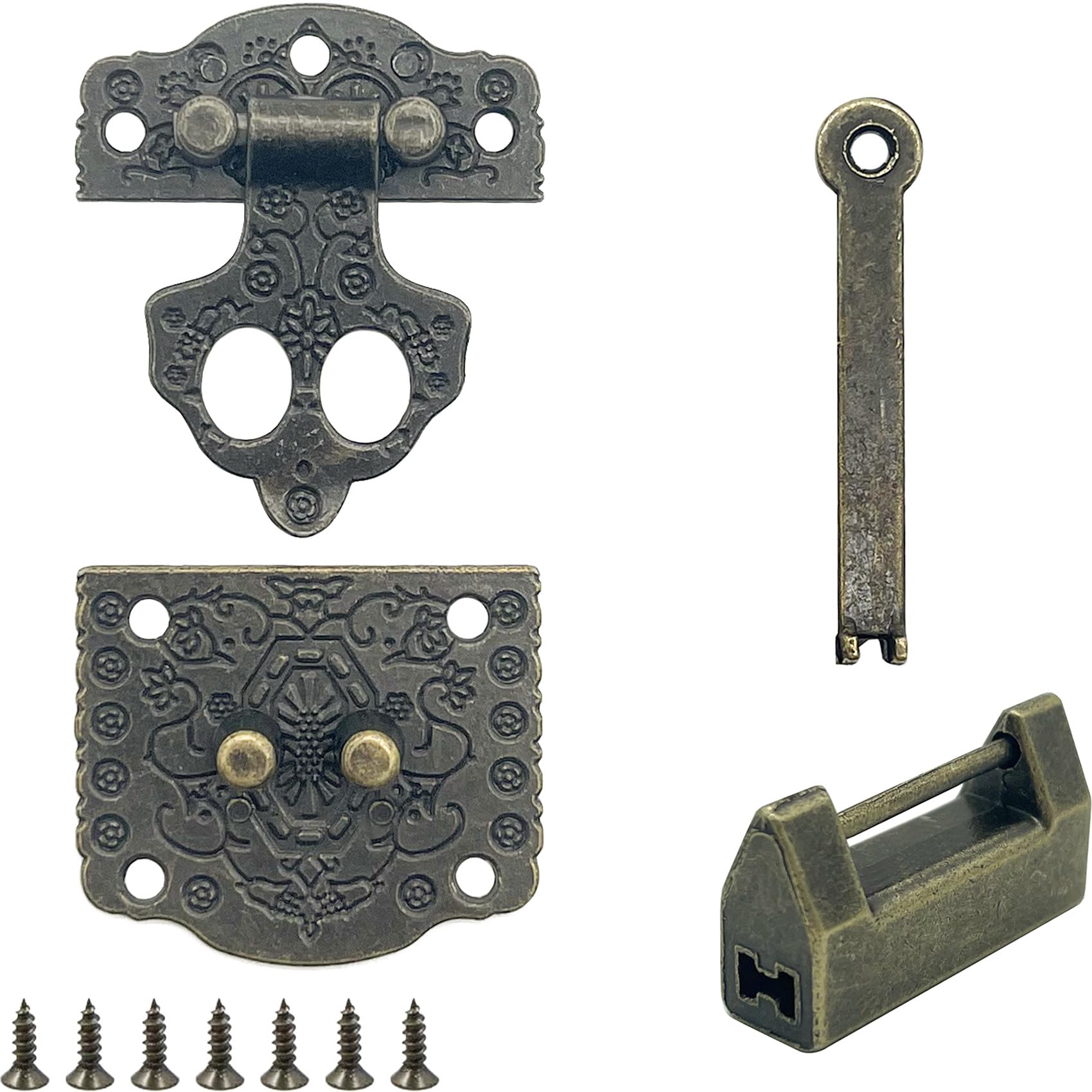 Vintage Design Embossing Latch Hasp Lock Retro Style Mini Clasps with Screws and Key Key Hasp Latch for Wood Drawer Jewellery Box Case Cabinet Furniture Decorative Cabinet