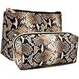 FITINI 2 Pack Makeup Bag Organizer Set Portable Large Cosmetic Pouch Travel Brush Holder PU Handbag with Gold Zipper Storage Case for Women Purse,Snake Skin