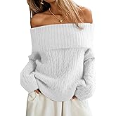 ELLEVEN Women’s Off Shoulder Cable Knit Sweater, Soft Oversized Pullover for Casual Fall Winter Outfits