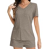 Qukayang Women's 2 Piece V Neck Pajamas Sets with Pockets Lightweight Lounge Casual Sleepwear Tshirt Shorts