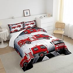 Manfei Fire Truck Comforter Set Full Size Red Fire