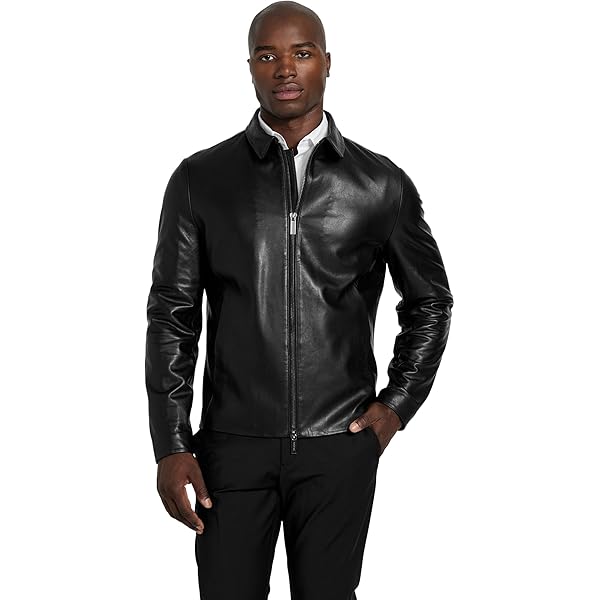 GUESS Mens Distressed Leather Zip Jacket, Jet Black Multi, Small