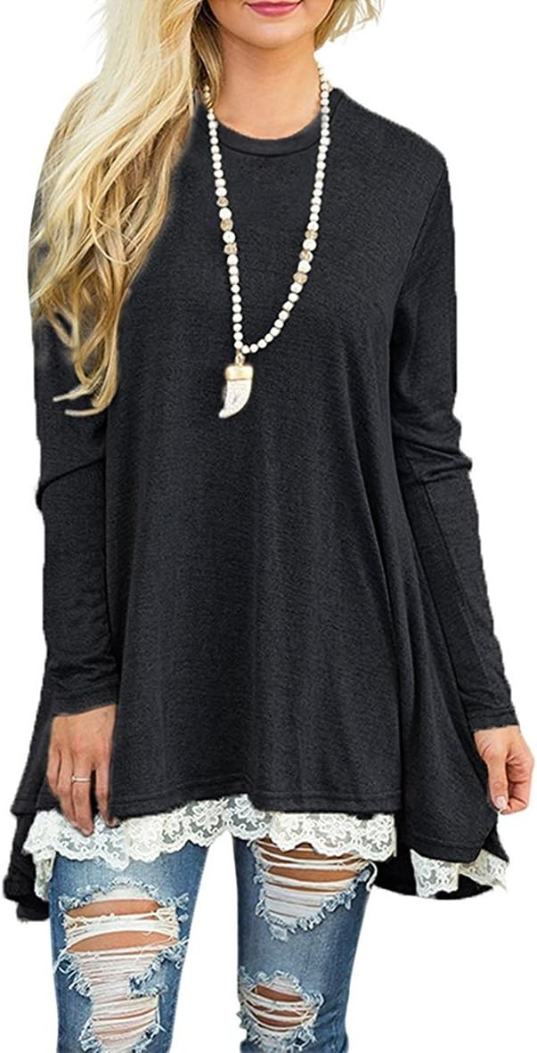 WEKILIWomen's Tops Long Sleeve Lace Scoop Neck A-line Tunic Blouse