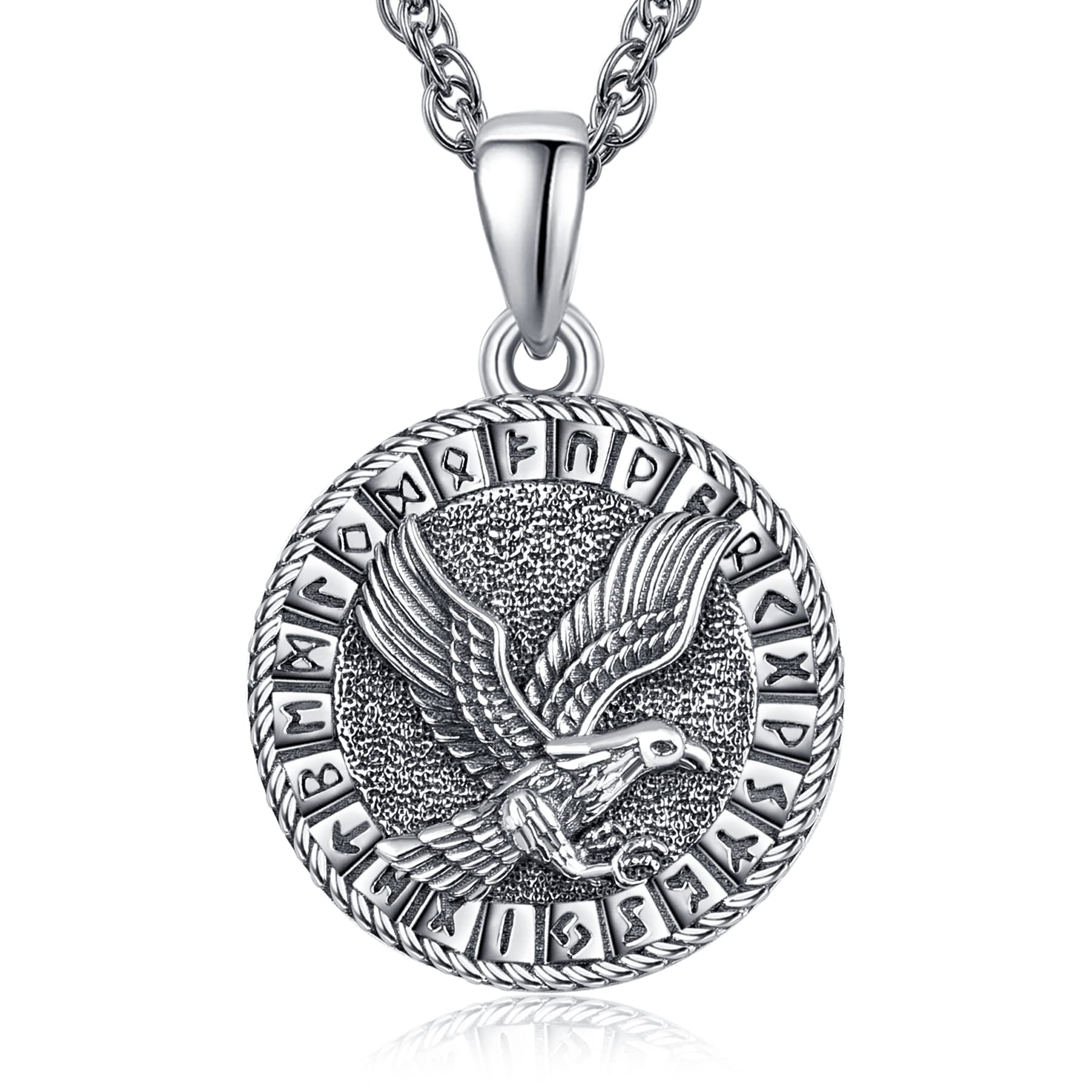 KINGWHYTE Viking Necklace 925 Sterling Silver Eagle Pendant Rune Necklace Viking Amulet Jewellery Gift for Men Women with 20+2in Stainless Steel Chain