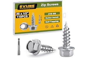 SVLING #8 x 1/2" Self Tapping Gutter Screws, 110PCS 410 Stainless Steel Sheet Metal Screws, Hex Washer Head, 1/4" Hex Bit Socket Included