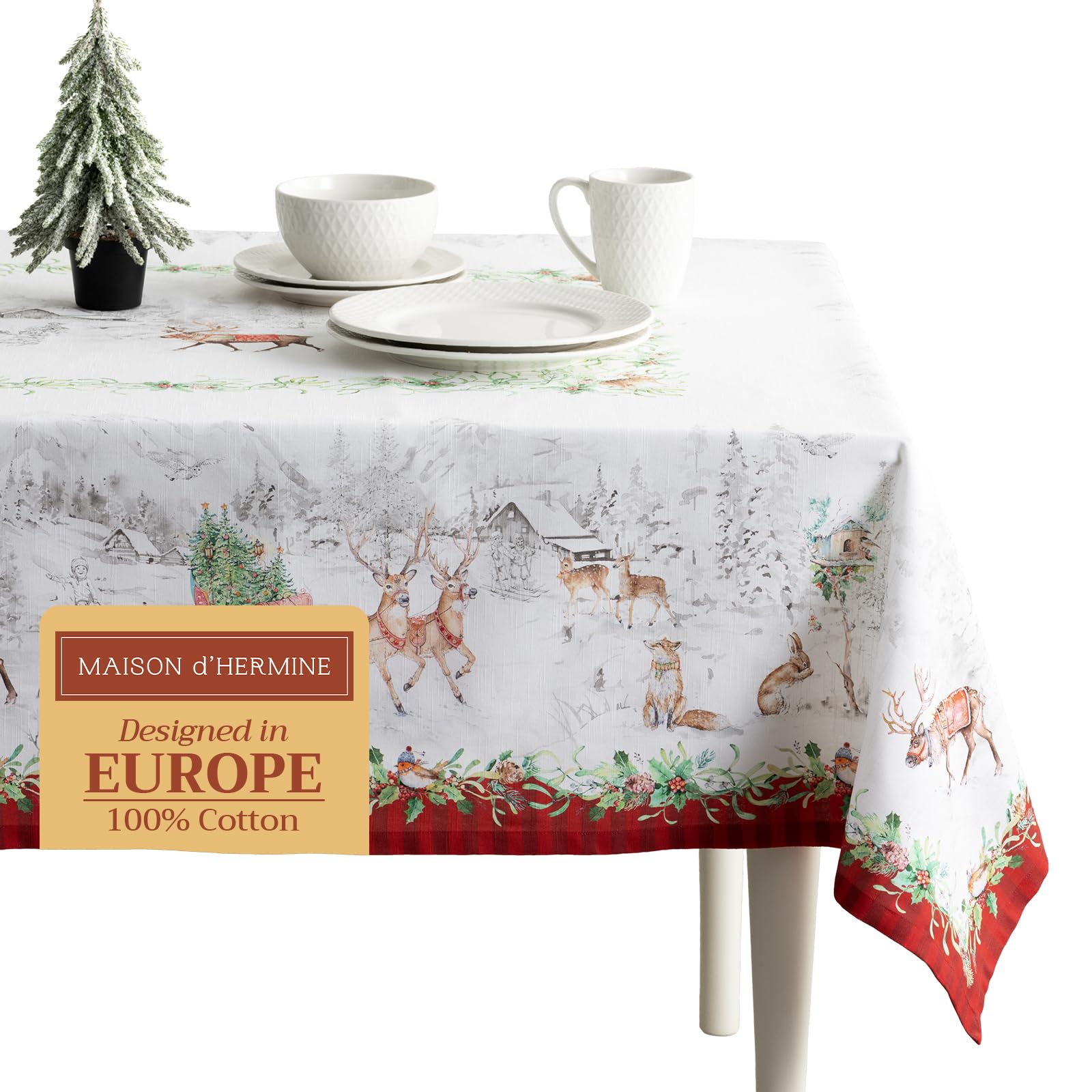 Maison d' Hermine Table Cloth Rectangle Table 100% Cotton 180 cm x 140 cm Tablecloth Reusable Everyday Use for Christmas Decorations Dining Farmhouse Home Party Festive (Christmas Tradition) — image 1