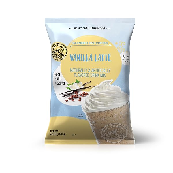 BIG TRAIN BLENDED ICE COFFEE, VANILLA LATTE, 3.5 POUND, POWDERED INSTANT COFFEE DRINK MIX, SERVE HOT OR COLD, MAKES BLENDED FRAPPE DRINKS