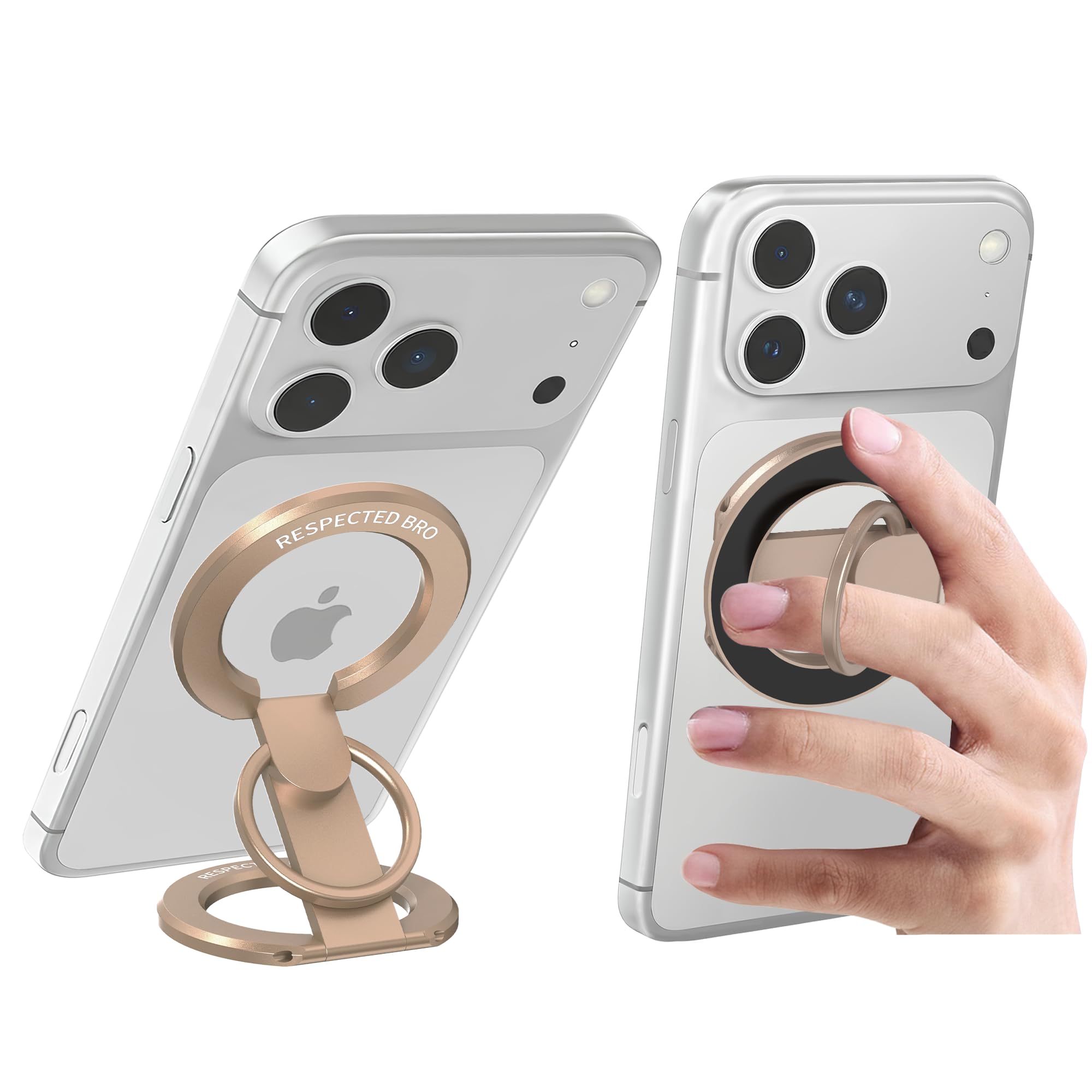 Photo 1 of *USED*RESPECTED BRO-Magnetic-Phone-Ring-Holder with Dual Rings, Compatible with iPhone 17/16/15/14/13/12, Multifunctional Stand for Office, Gym, Kitchen & All Metal Surfaces, Finger Loop Grip (Desert Gold)