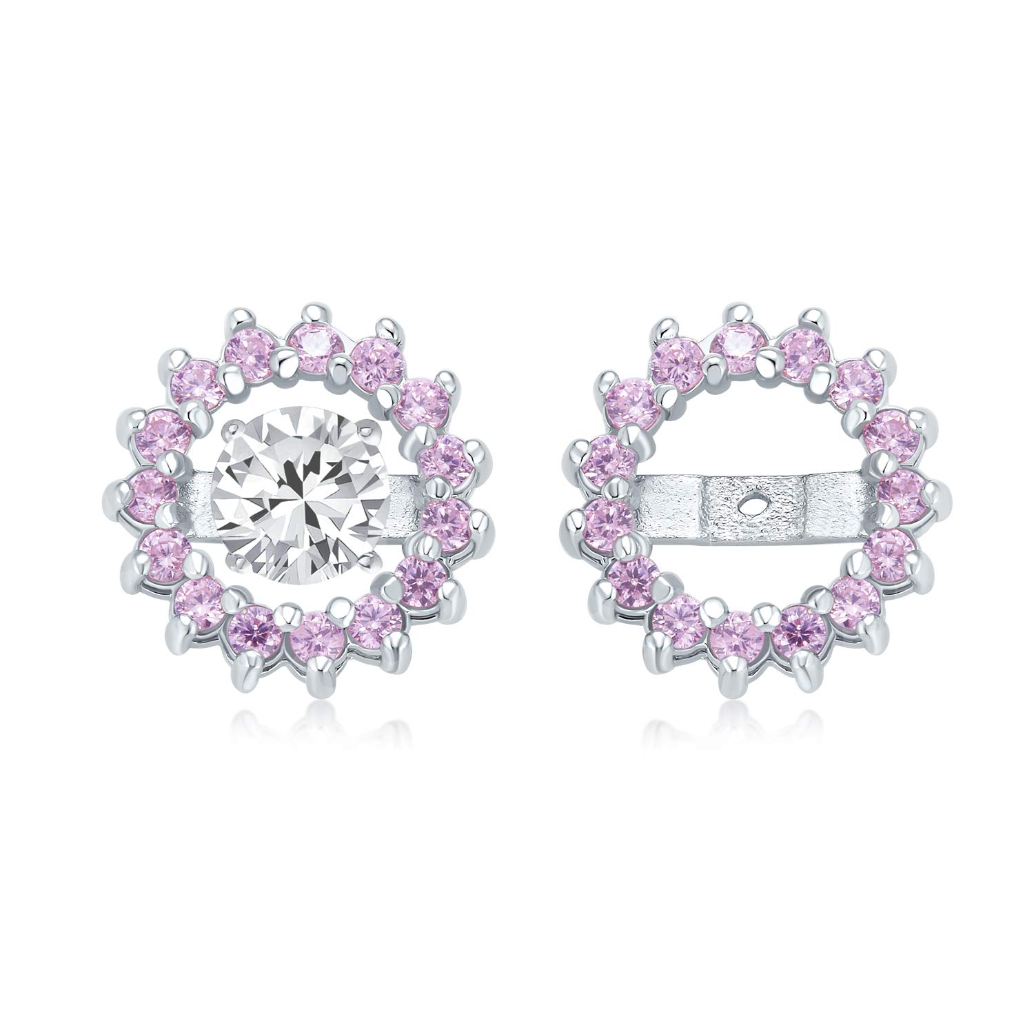 Pink Cubic Zirconia Simulated Tourmaline CZ Round Pave Halo Earrings Jackets For Studs Jacket Only For Women .925 Sterling Silver