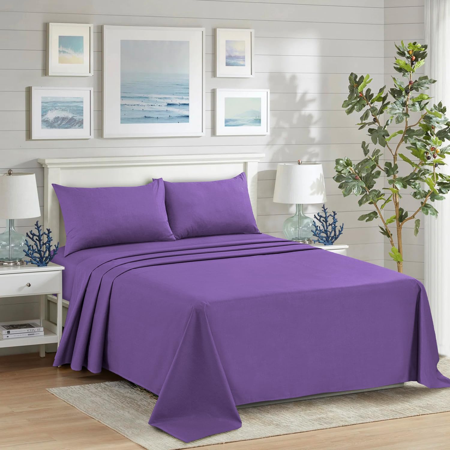 CHARKHAH Polycotton Flat Sheets with Single Double King Size Bed Ultra Soft Plain Top Sheet Dyed in Trendy Colors Hotel Collection Sheets Ideal for Winter & Summer Bedding (Purple, King)