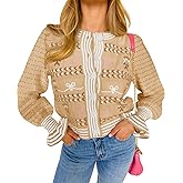 Saodimallsu Womens Cropped Cardigan Striped Puff Ruffle Sleeve Cute Graphic Button Bow Knitted Sweater Outerwear
