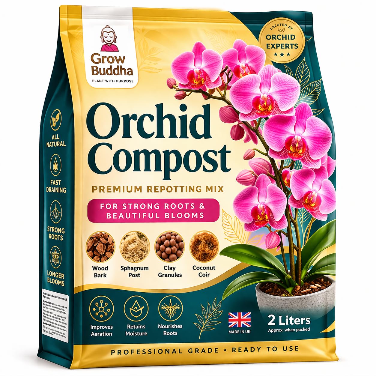 Professional Orchid Potting Mix Compost - 2 Litres | Fast Growth, Strong Root, Long-Blooming Re-Potting Mix for Beautiful Plants - Suitable for All Orchid Varieties