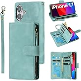 RANYOK Wallet Case Compatible with iPhone 17 Case, with 6 Card Holder RFID Blocking, PU Leather Zipper Flip Wallet Pocket, Kickstand, Wrist Strap | Protective Phone Cover for 17, Light Blue