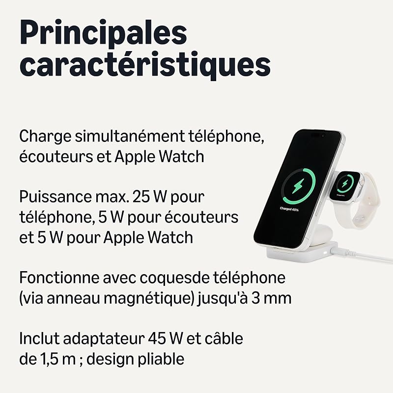 Station de Recharge sans Fil 3 en 1 25 W certifiée Qi2.2, Support Pliable Compatible MagSafe pour iPhone 17/16/15/14/13/12, Apple Watch, AirPods, avec Adaptateur 45 W, Blanc