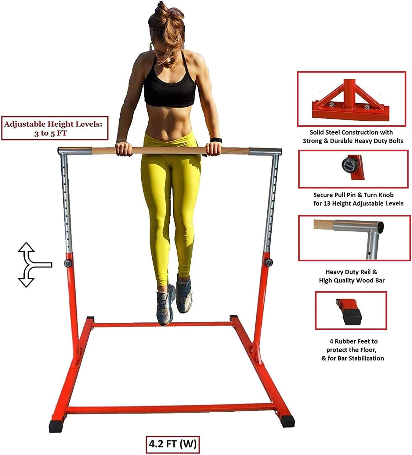 Athletic BarGymnastics Kip Bar Horizontal Bar Professional Junior Gymnastic Training High Bar Asymmetric Bar 13 Level Height Adjustable Expandable 3 to 5 FT Jungle Gym (Pink)