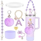 Stanley Cup Accessories Set, 10mm Bow Straw Topper, Siliocne Boot, Water Bottle Handle Strap, Letter Charms for Stanley Cup Straw Cover Cap 40oz 30oz Tumbler (A-Purple)